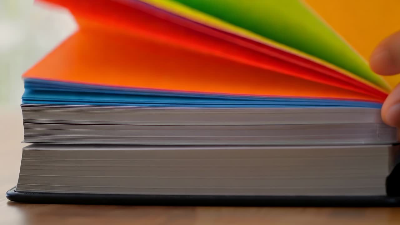 Lifting book top, right hand flipping colorful divider pages on tabletop, showing color progression