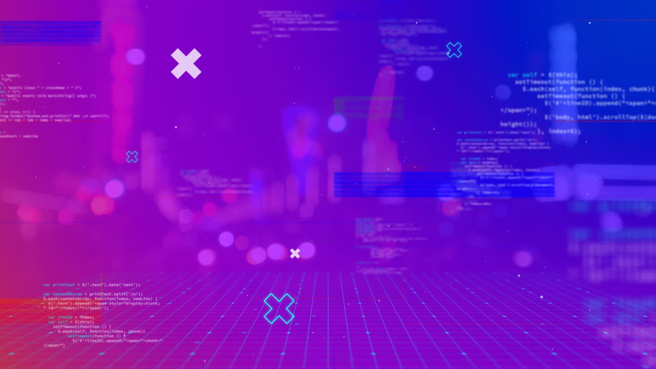 Animation of flickering colourful rectangles with glitch and data processing over road traffic