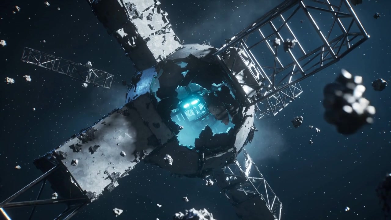 Drifting ruined orbital module after breach, shedding debris in space, exposing cyan core