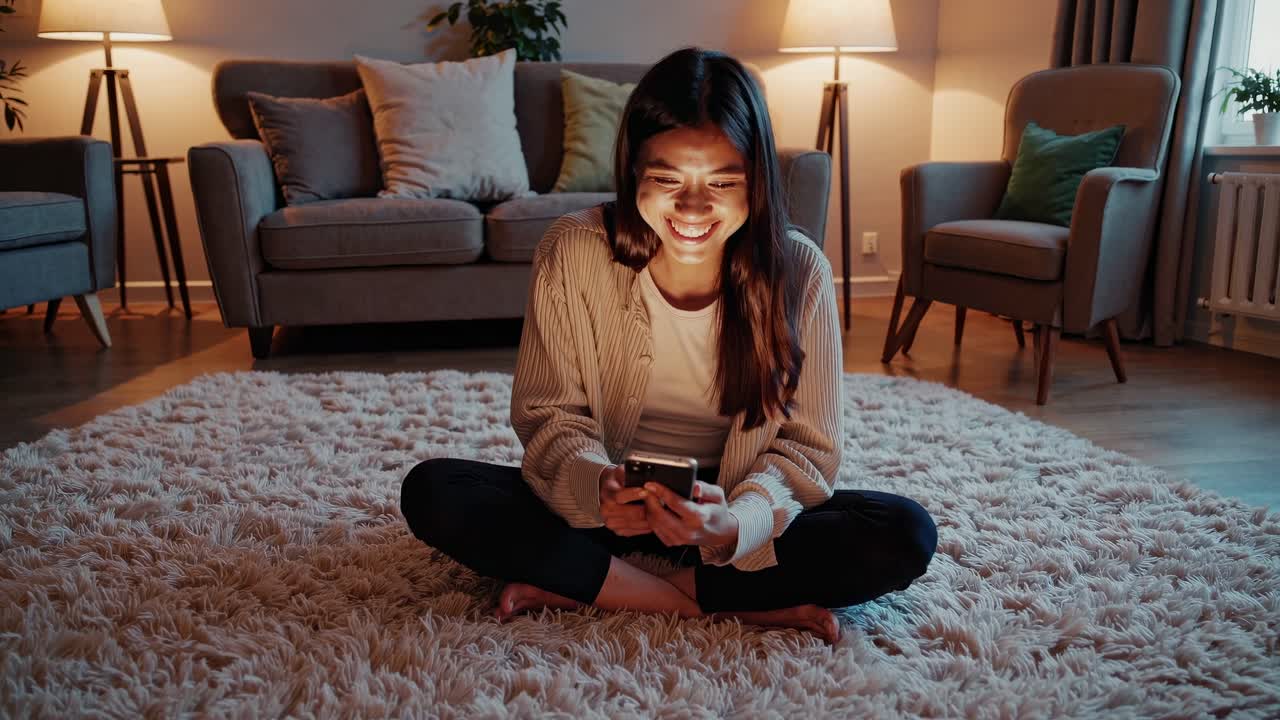 A cozy living room scene with a woman sitting cross-legged on a plush rug, smiling at her phone