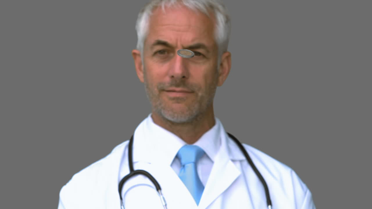 Doctor throwing a coin in the air on grey screen