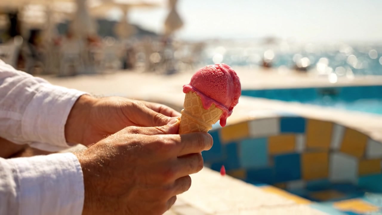 Momentos de Derretimento: A Jornada de um Sorvete Vibrante da Mão ao Chão Enquanto o Calor do Verão Cobra Seu Preço em um Cenário Ensolarado à Beira da Piscina