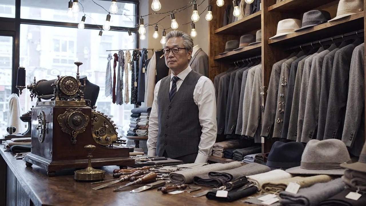 Elegante sartoria che presenta un sarto con una macchina da cucire vintage, circondato da tessuti pregiati, cappelli e accessori, sotto calde luci ambientali.