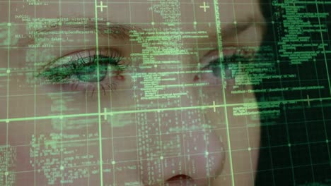 Datenverarbeitung-über-Ein-Gitternetz-Vor-Nahaufnahme-Weiblicher-Augen