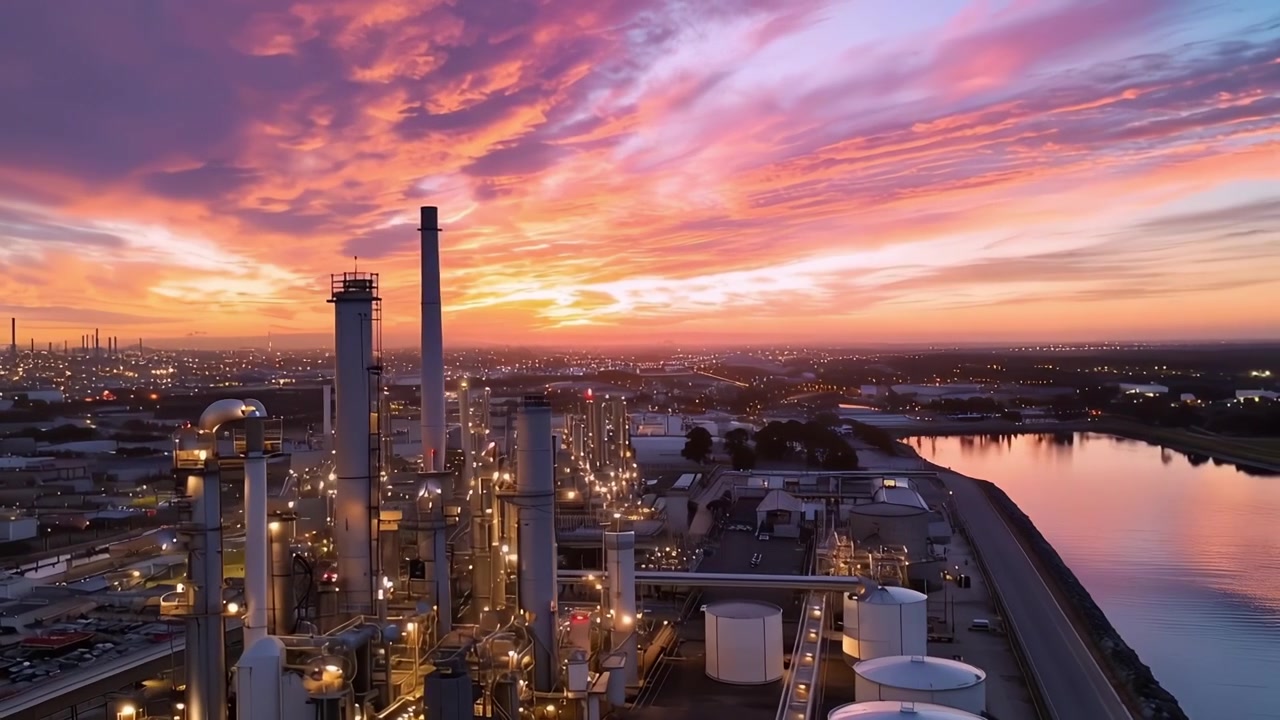 Un atardecer impresionante sobre un paisaje industrial: Capturando la belleza y complejidad de una refinería de petróleo moderna contra un cielo deslumbrante y aguas reflejadas.