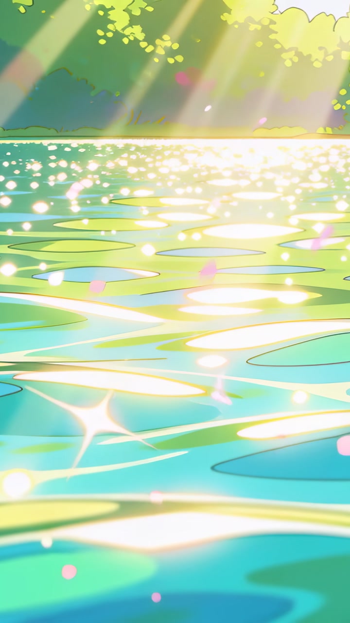Vertical video: Shimmering lake water reflecting sun, drifting pink petals and sparkles in breeze