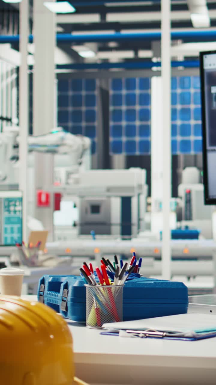 Vertical video Display in empty photovoltaics factory monitoring system performance