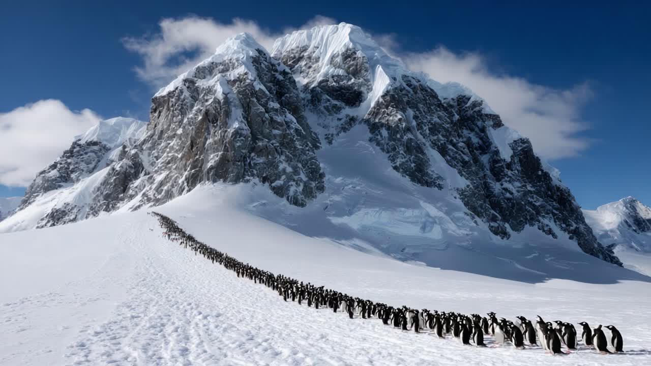 A Stunning Perspective of Penguins Trekking Across Snowy Plains Towards a Majestic Mountain Peak Under a Clear Blue Sky in Their Natural Habitat