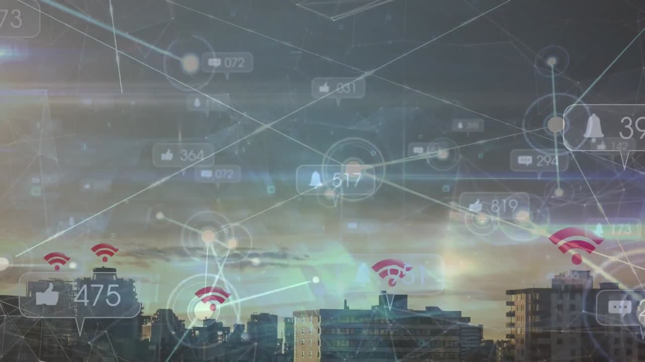 Animation af forbindelser og sociale medier reaktioner over bybillede ved solnedgang