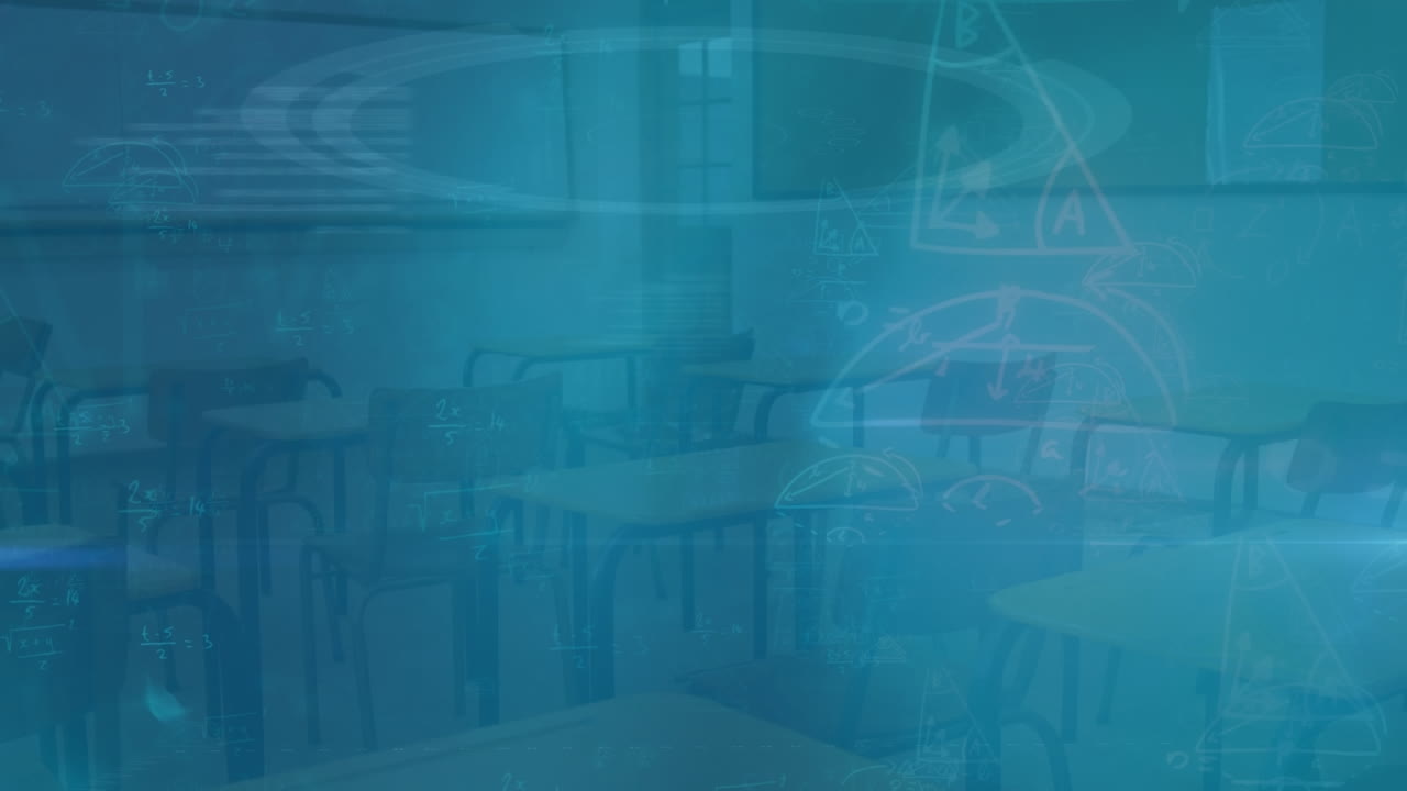 animación de moléculas y fórmulas matemáticas en fondo azul