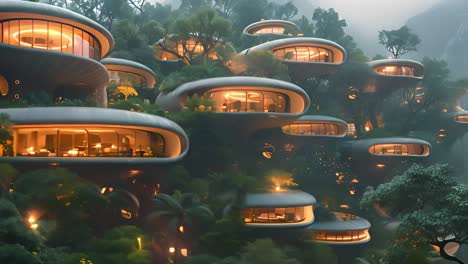 futuristic eco-homes integrated into lush forest landscape
