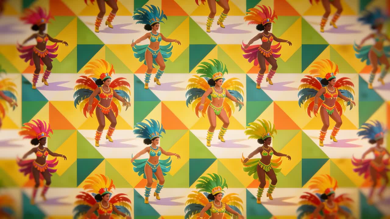Bailarinas en bikini con efecto de teselas iniciando un movimiento ondulante sobre un fondo triangular, abanicando tocados y creando ritmo.
