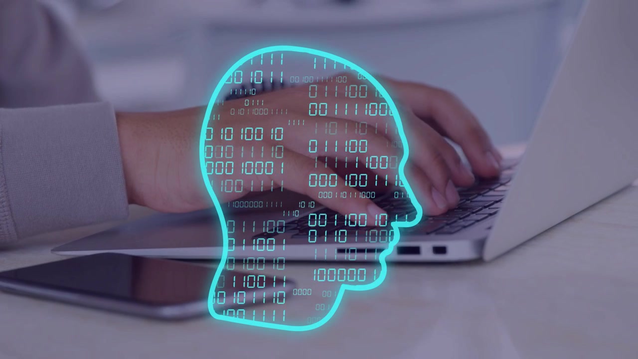 Male hands typing on laptop, causing blue head overlay over keyboard streaming binary for tech demo