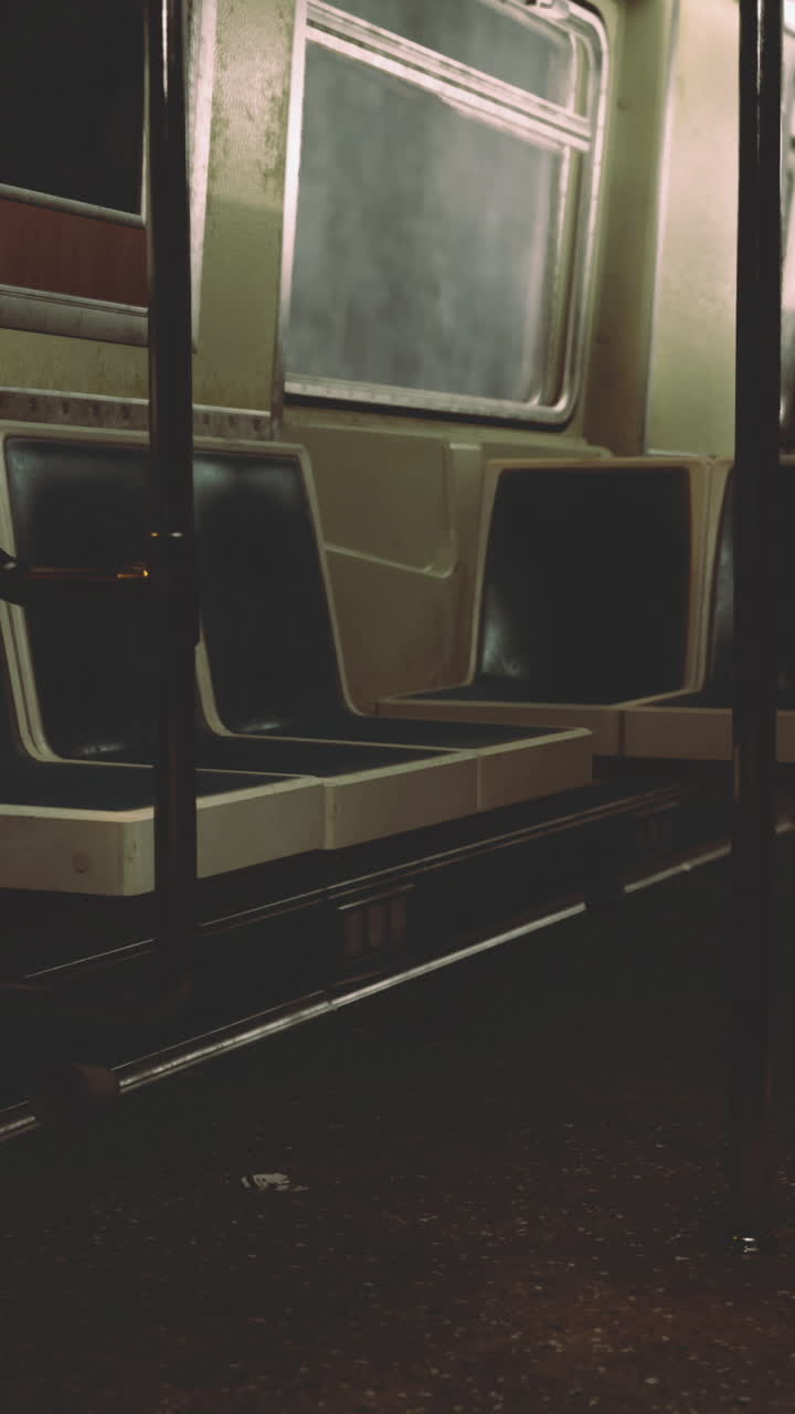 Subway interior with empty seats captured during late night hours