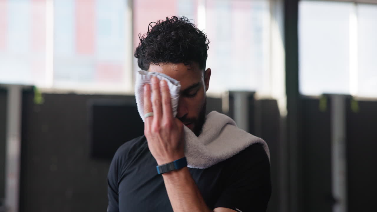 Man wiping sweat off his forehead after a workout in the gym