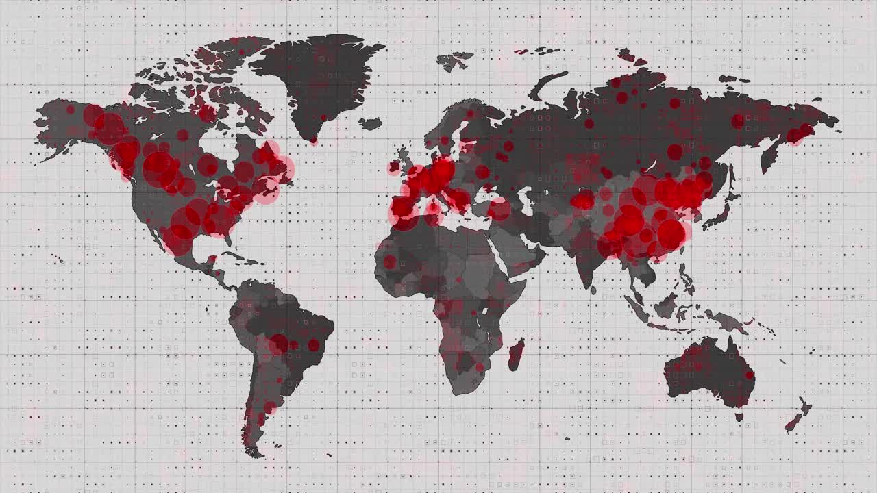 animación del mapa del mundo y los países que se vuelven rojos a través de círculos en un fondo blanco
