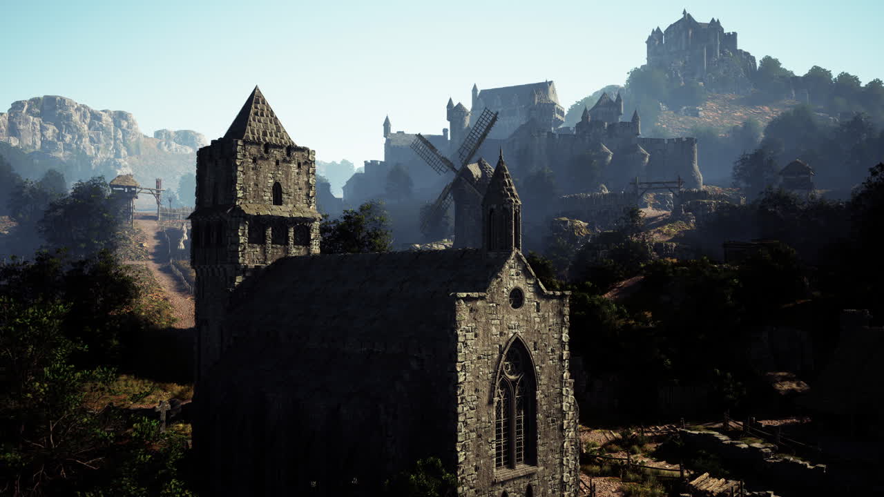 paisaje del pueblo medieval con castillo e iglesia
