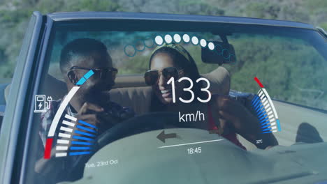 driving convertible car, speedometer and navigation animation over smiling couple