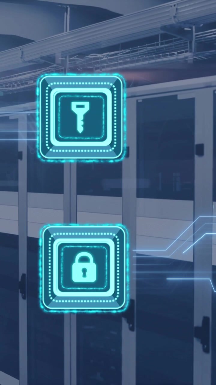 Animation of digital data processing, padlock and key icons, circuit board and computer servers