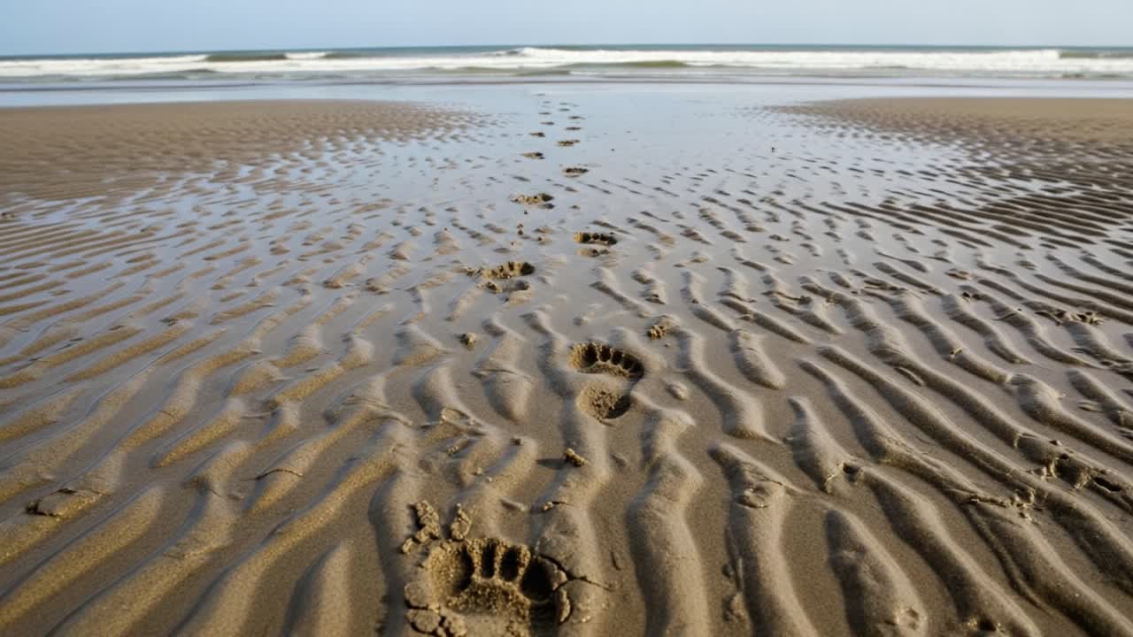 Footsteps Leading Towards the Calm Ocean Waves on a Sandy Beach, Showcasing Nature's Tranquility and the Beauty of Coastal Landscapes