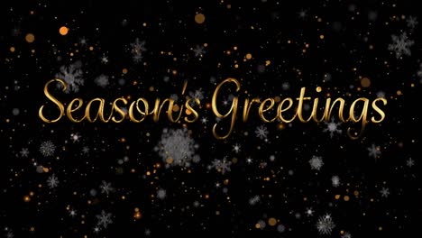 animation of seasons greetings text over light spots and snow on black background