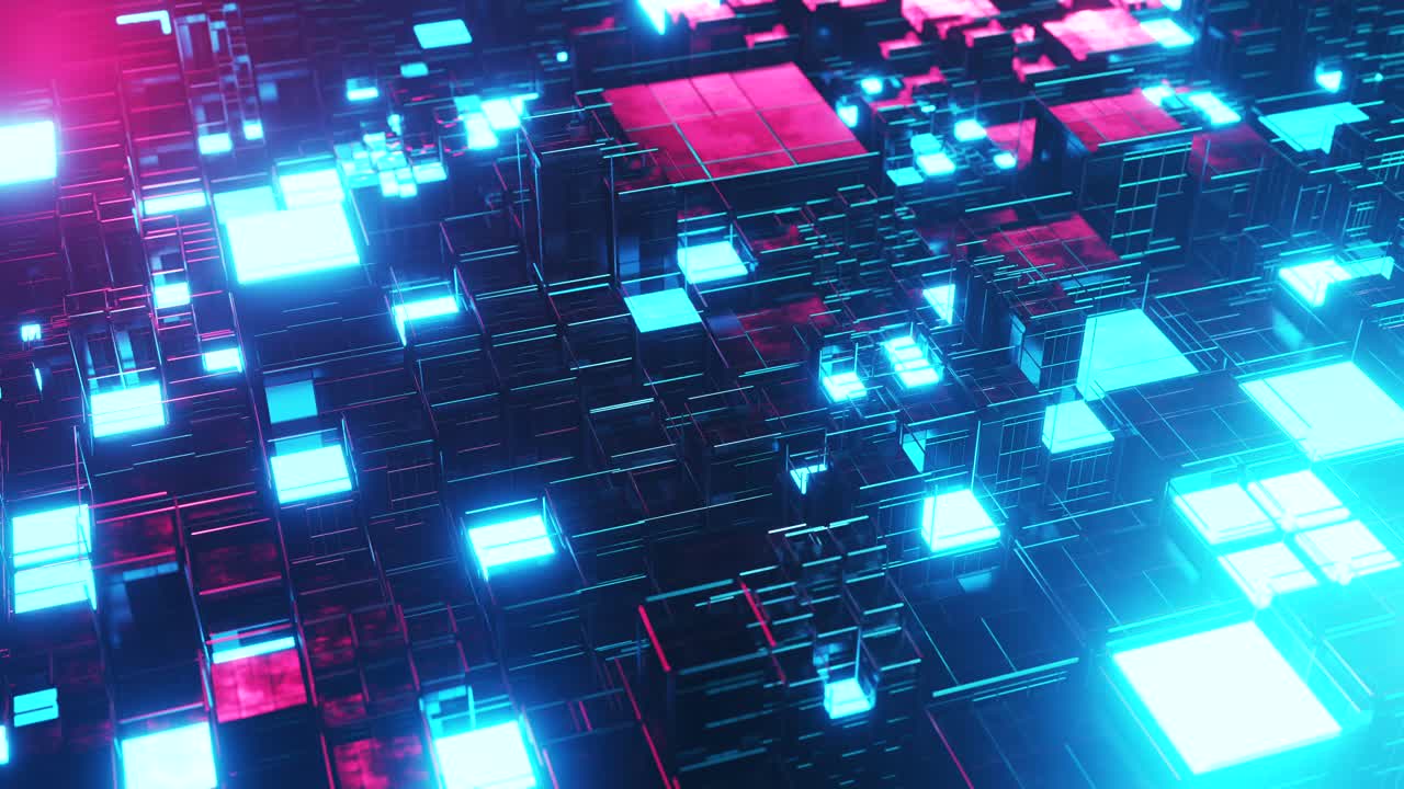 pared con muchas piezas de luz azul y roja. animación en bucle infinito