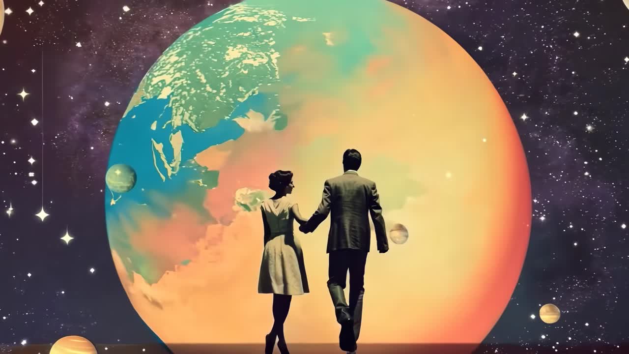 Retro-style video still of a couple from behind, walking towards a giant planet