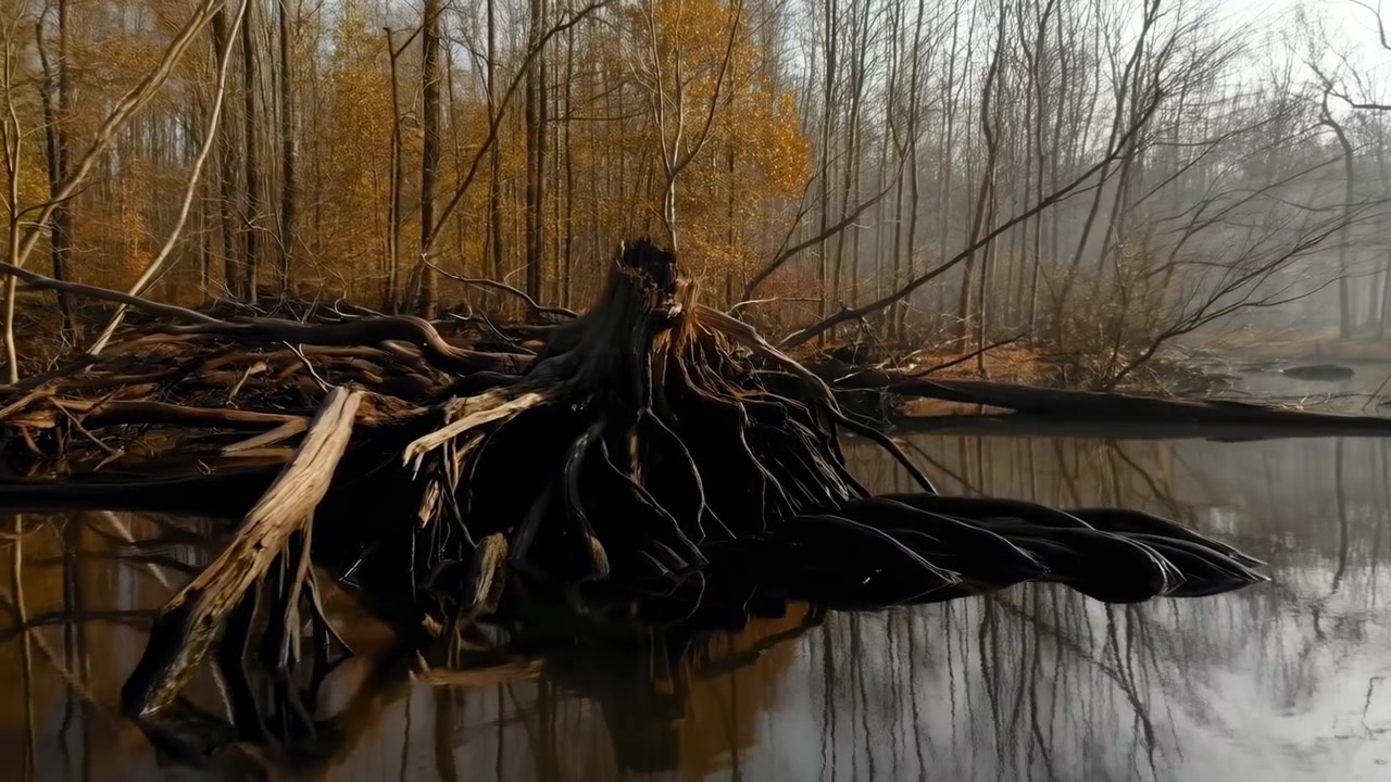 Sponda del fiume autunnale, radici esposte, riflessi nebbiosi, salici dorati, ceppi aggrovigliati e rami caduti che costeggiano.