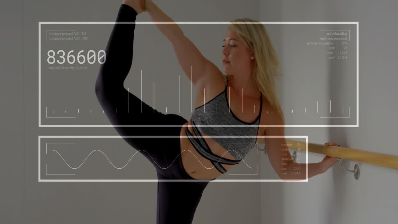 Treinador de fitness tocando barra e realizando extensão de perna com HUD monitorando leituras numéricas.