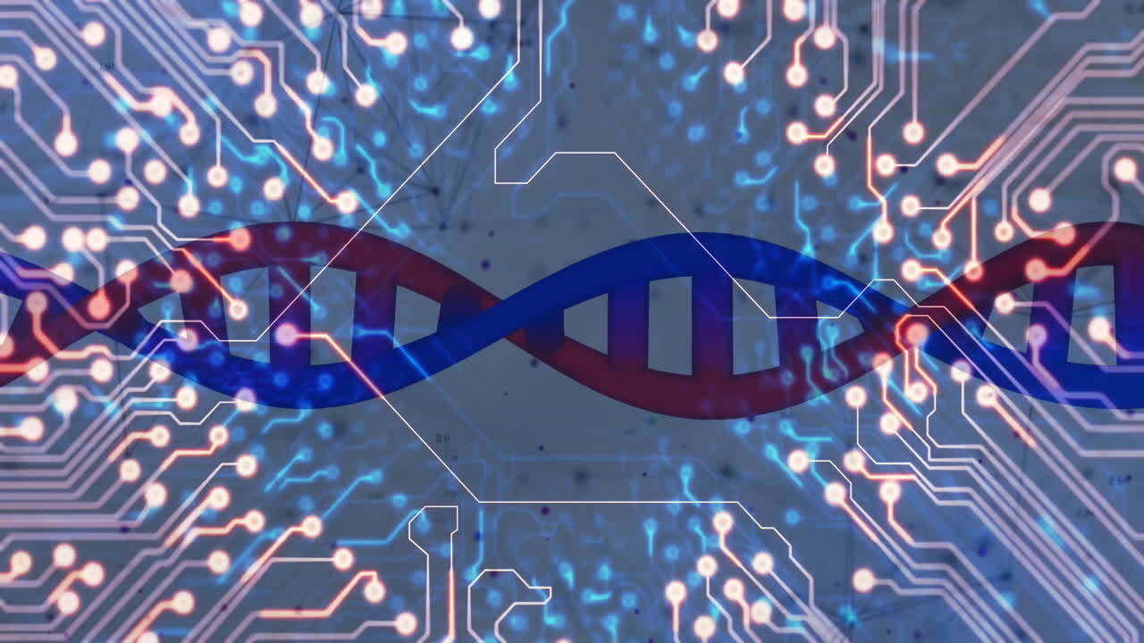 Animation of dna strand and data processing over computer circuit board