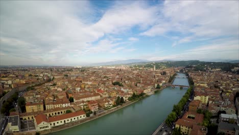 aerial drone footage over the beautiful town of verona, italy