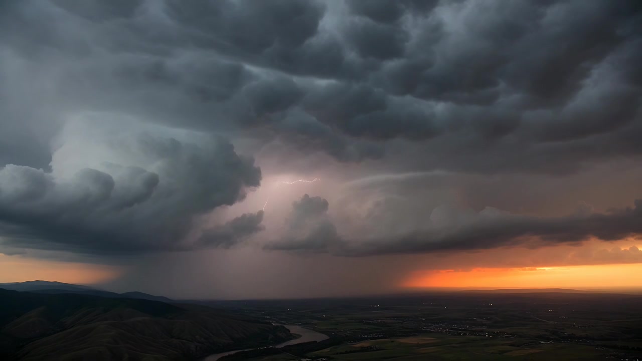 Flashing lightning lighting cumulonimbus cloud, pouring rain shaft over river valley at sunset glow