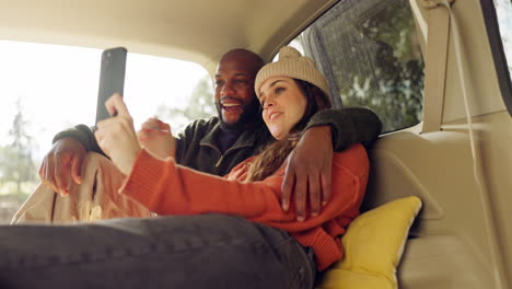 young couple, video call and car for road trip