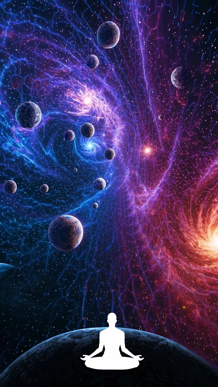Silueta de persona meditando frente a una vibrante nebulosa cósmica