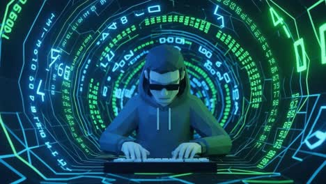 a digital artist captures the essence of hacking culture with an intricate animated scene depicting a figure immersed in vibrant codes and data, symbolizing technology's rapid advancement