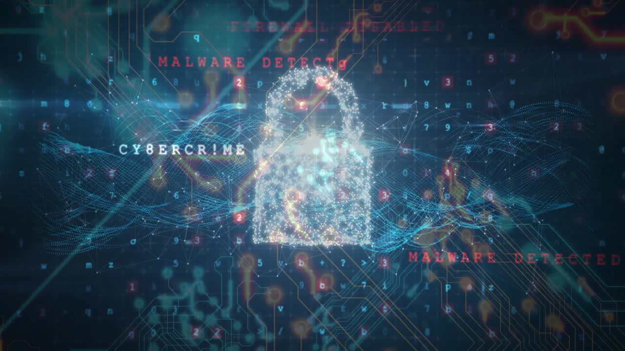 Digital padlock with FIREWALL DISABLED text over network security animation