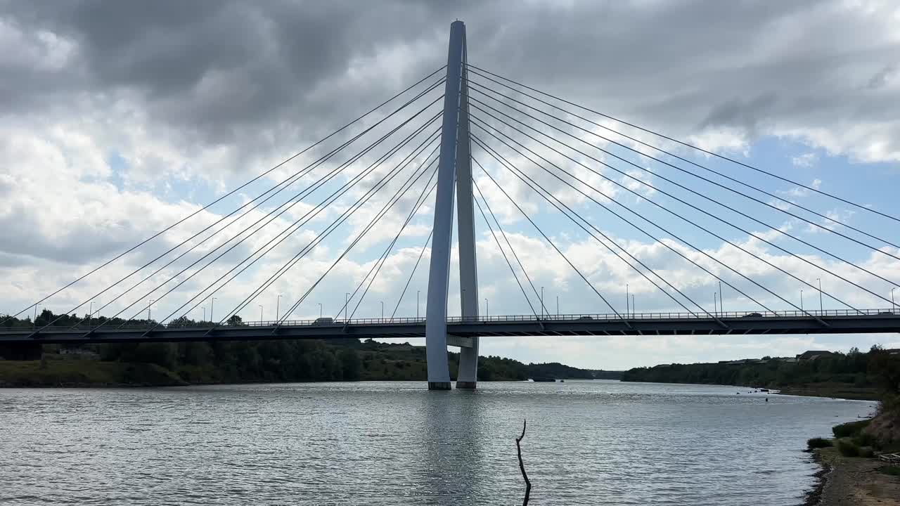 Northern spire tall big white bridge north east sunderland england river wear tyne drone aerial view