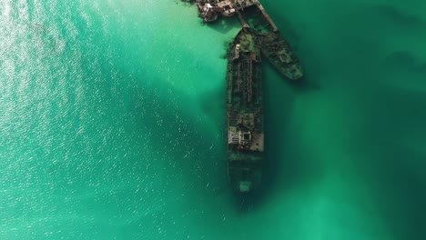 Moreton-Island-ship-wrecks,-clear-water-diving-site,-drone-fly-over-,-Queensland-Australia