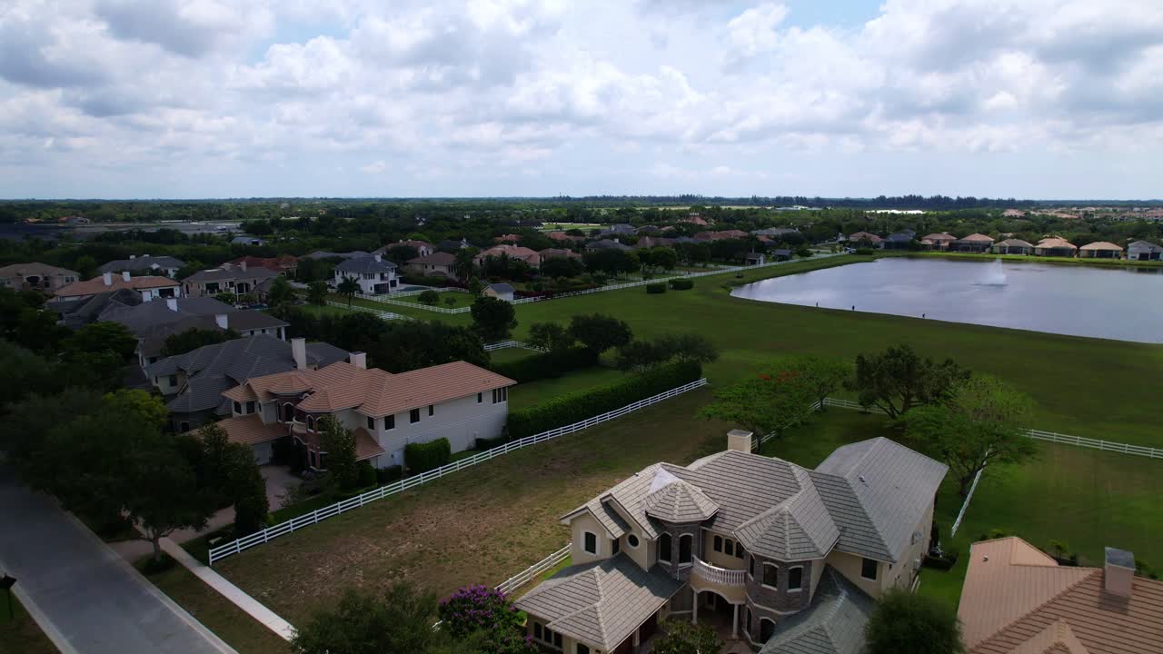 Aerial: West Palm Beach residential area with a lake during the day in Florida, USA, low push in drone shot