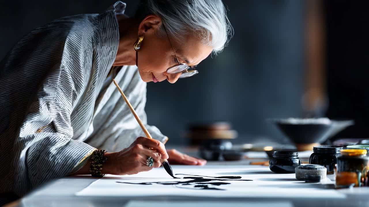 An Elderly Woman Engaged in Traditional Calligraphy, Showcasing Skill and Artistry as She Delicately Paints on Rice Paper, Capturing the Essence of Ancient Craftsmanship
