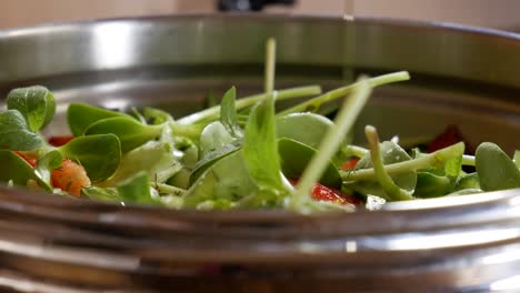 pouring extra virgin olive oil on freshly chopped salad in close up view