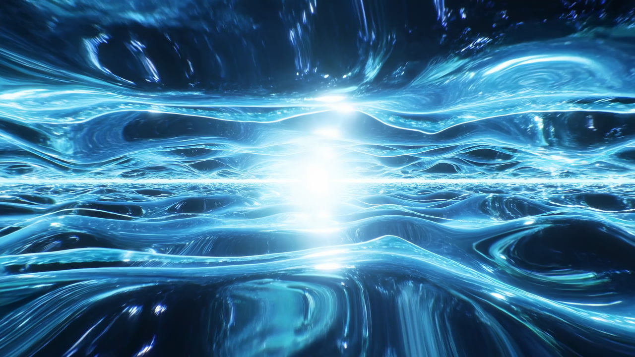 Glowing Blue Energy Tunnel With Rippling Liquid Waves, Reflective Surface And Central Luminous Core Guiding