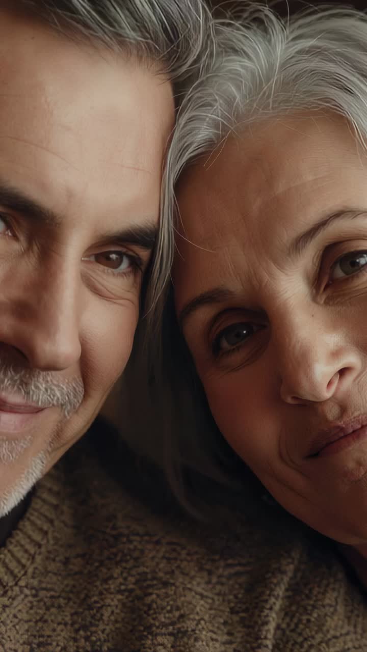 Vertical video: Panning right showing senior duo leaning and settling on sofa, brown knit sweater