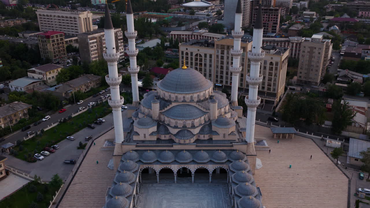 Aerial Shot Of Bishkek Central Mosque In Kyrgyzstan At Sunset