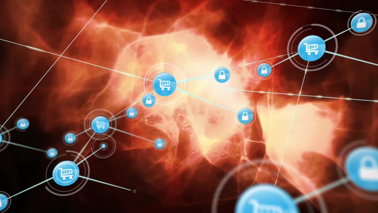 불타는 배경 위에 쇼핑 카트 및 잠금 아이콘을 가진 네트워크 보안 애니메이션