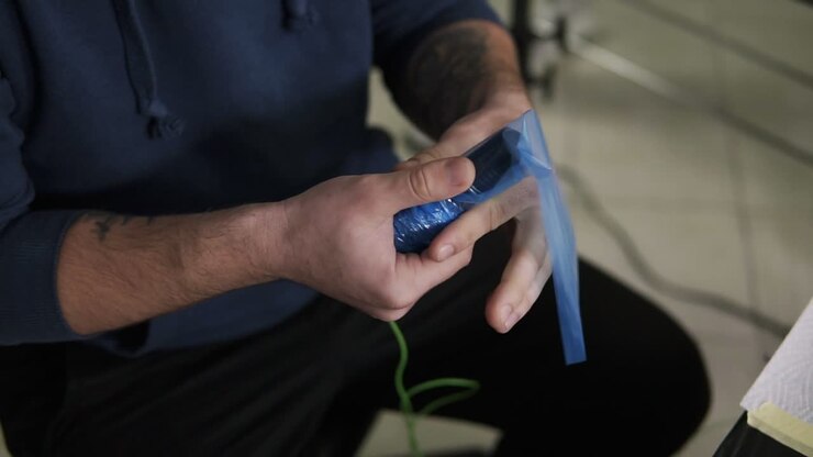 Male artist prepares tools and machine for tattoo session, man holding a tattoo gun and applies the disposable plastic on it. Slow motion. High angle view