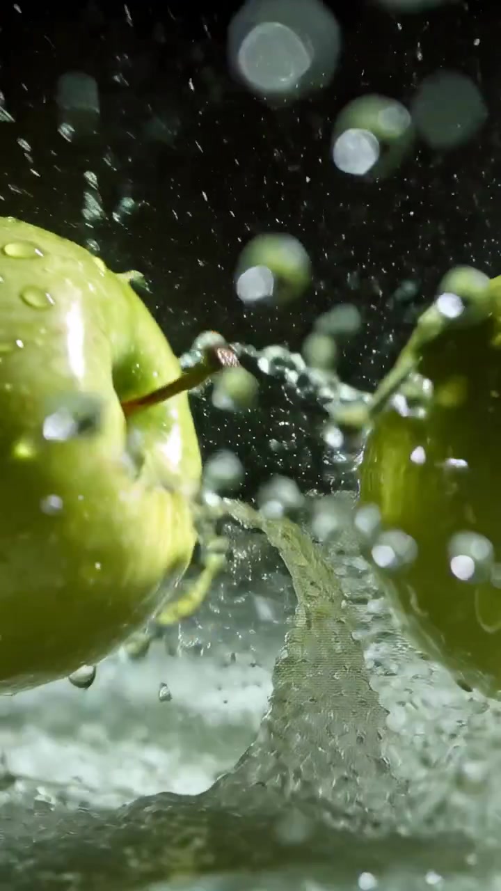 Video verticale: Mele verdi che colpiscono l'acqua, spruzzando verso l'alto in una vasca da studio e formando goccioline.