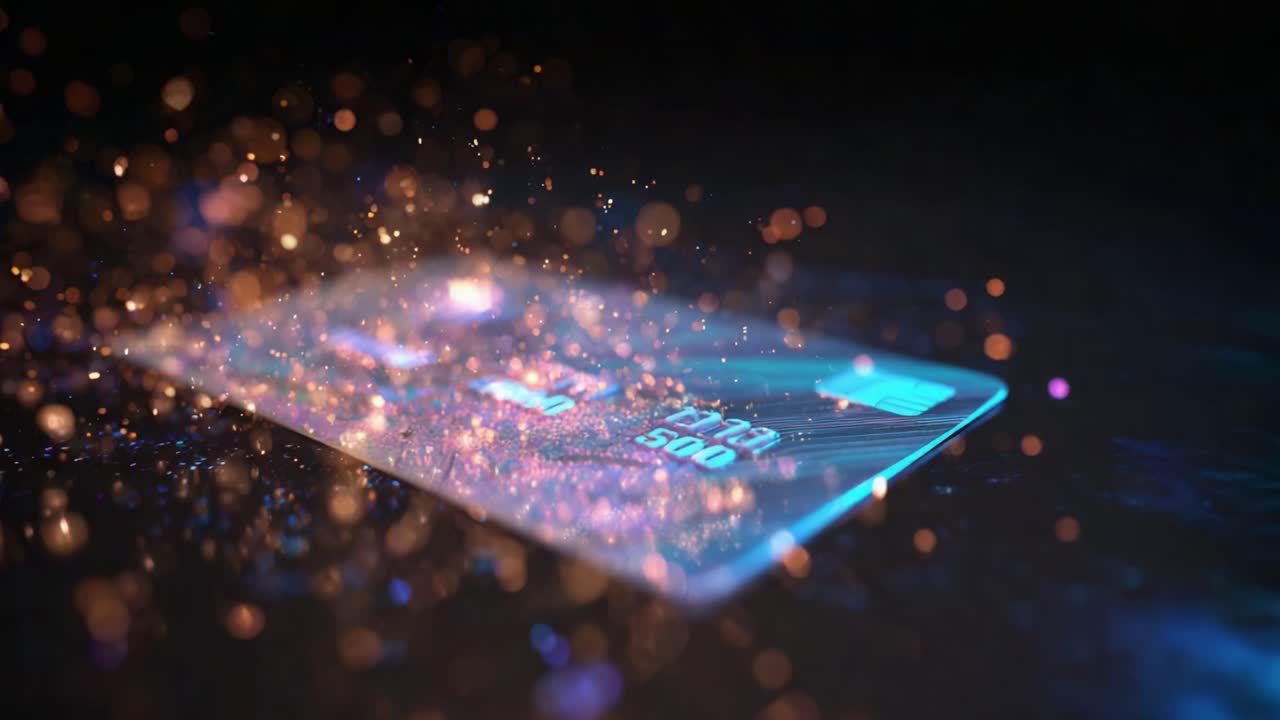 A captivating visual journey showcasing a magical transformation of a bank card, surrounded by swirling particles and sparkling effects that create a mesmerizing atmosphere