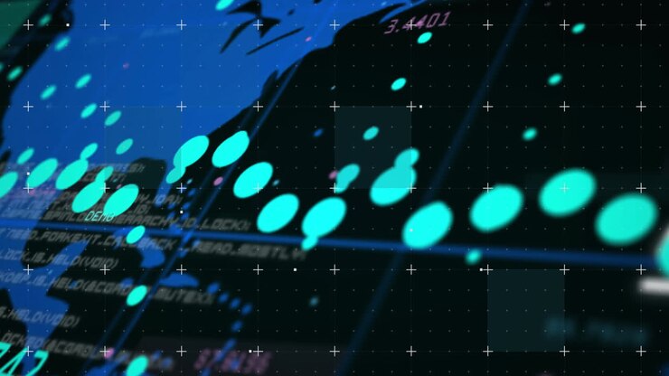 Animation of world map with data processing on black background