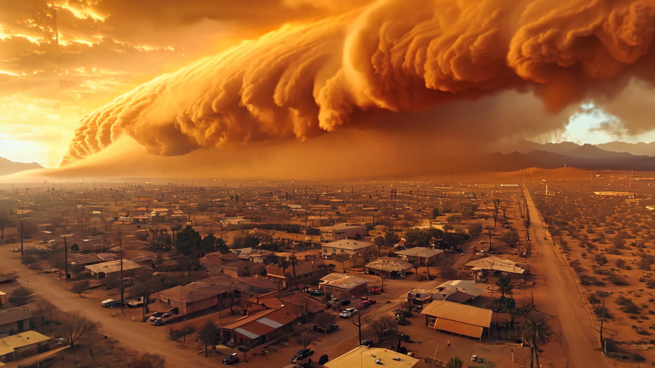 A large orange cloud is in the sky above a city. The sky is orange and the clouds are dark